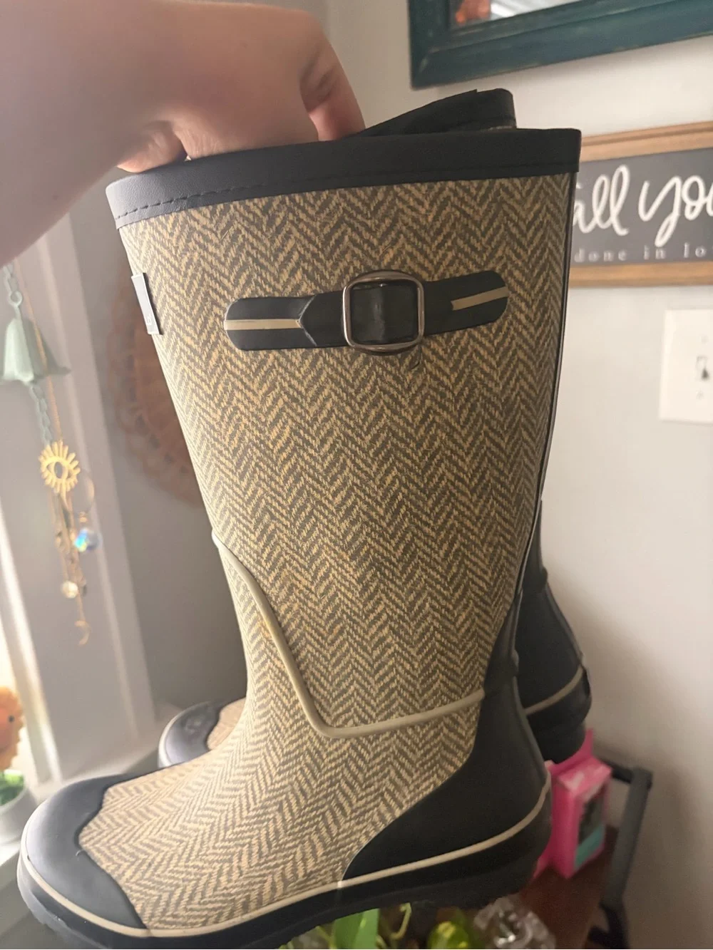 Women's Tan Herringbone Waterproof Winter Rain Boots